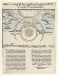 "A most wondrous sign": halo observed in Antwerp in 1552. Een seer wonderlijck teeken dwelck ghesien is gheweest inder locht, boven Antwerpen [van sere velle duversche personen. Int jaer M.D.LII. den xix. dach februarius. Print | Liefrinck, Hans I (1518-1573). Engraver. Printer