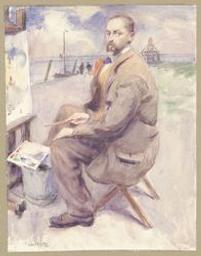The artist painting by the sea | Baseleer, Richard (Anvers, 1867 - Genève, 1951) - peintre et graveur ; élève de Verlat ; professeur à l'I.S.B.A. d'Anvers, surnommé ""le peintre du Bas-Escaut"". Artiest