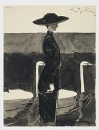 "Femme debout, de profil à droite, coiffée d'un chapeau à grande bords, debout près de deux cygnes" | Spilliaert, Léon (1881-1946). Engraver