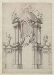Triumphal arch erected behind the townhall of Brussels in 1720 on the occasion of the jubilee of the Sacrament of the Miracle | Heijden, Jan Vander (active late XVIIc - early XVIIIc). Toegeschreven aan