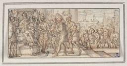 Soldiers before an enthroned king | Le Clerc, Sébastien (1637-1714). Illustrateur